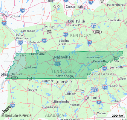 Map showing the ZIP Codes in the State of Tennessee