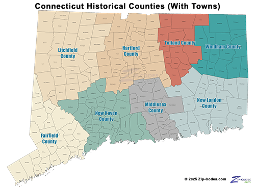 Connecticut Historical County and Town Boundary Map