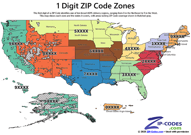 U.S. 1-digit ZIP Code map showing ten broad postal regions, color-coded by first digit, with state boundaries for reference.