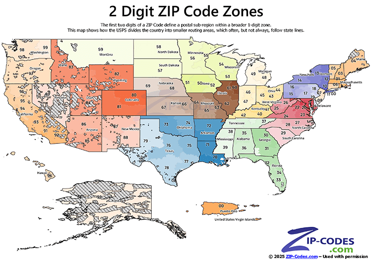 U.S. 1-digit ZIP Code map showing ten broad postal regions, color-coded by first digit, with state boundaries for reference.