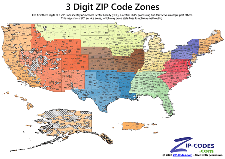 U.S. 3-digit ZIP Code map showing Sectional Center Facility (SCF) areas, color-coded by first three digits, with state boundaries for reference.