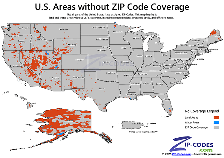 Map of areas in the United States without ZIP Code coverage, showing land and water regions in different colors.